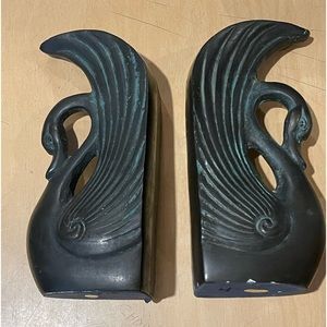 Vintage Mid Century Swan Bookends Verdigris Patina‎ Brass Art Deco made in Korea